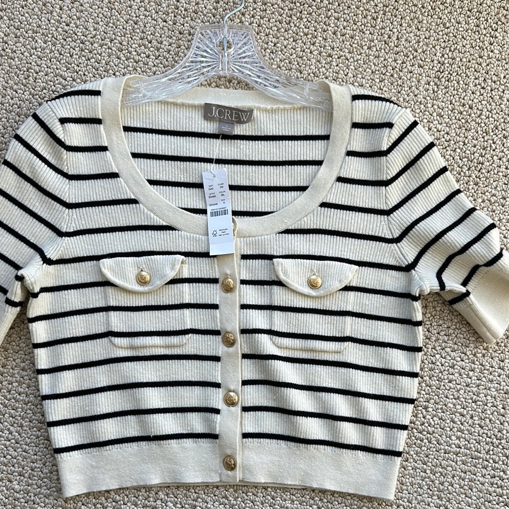 J Crew Women’s Cropped Striped Ribbed Knit Top Small Gold Button Accents